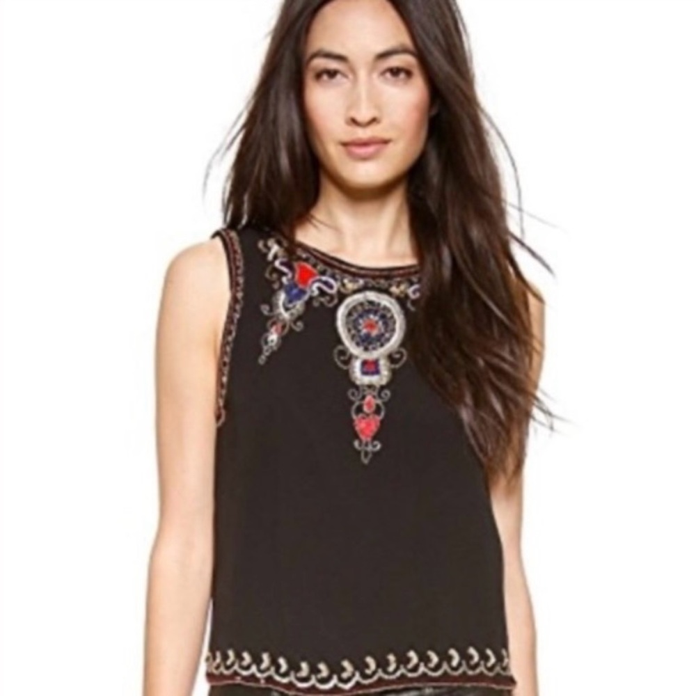 Alice + Olivia Silk Sequins Beaded Sleeveless Top Black Size XSmall